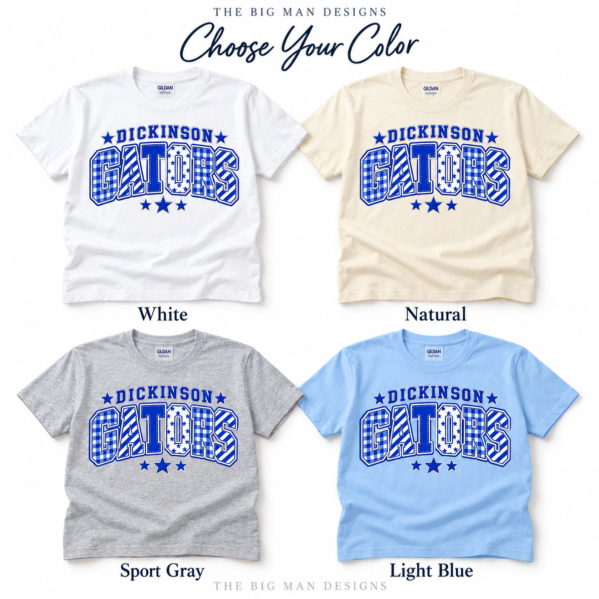 Dickinson Gators patchwork varsity shirt mockups in White, Natural, Sport Gray and Light Blue.