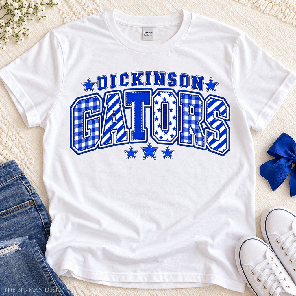 White Dickinson Gators patchwork varsity T-shirt styled in a boutique flat lay.