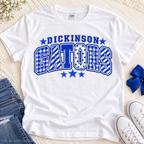 White Dickinson Gators patchwork varsity T-shirt styled in a boutique flat lay.