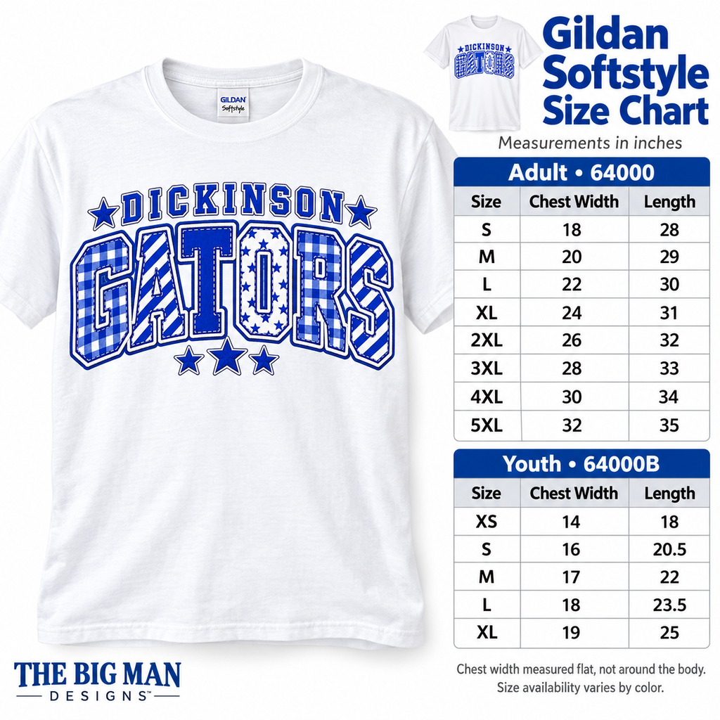 Gildan Softstyle adult and youth shirt size chart with flat chest width and length in inches.
