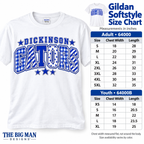 Gildan Softstyle adult and youth shirt size chart with flat chest width and length in inches.