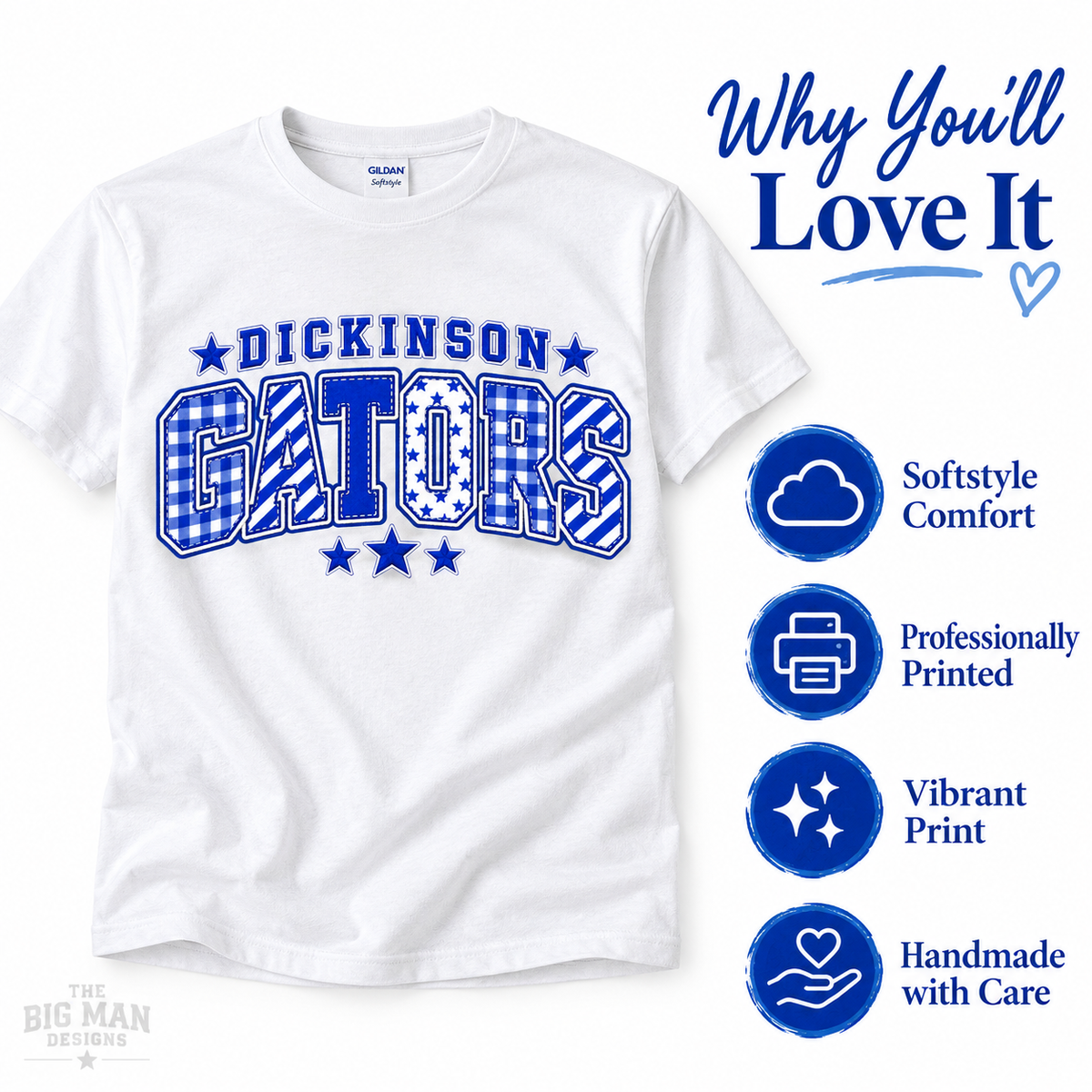 Dickinson Gators patchwork varsity spirit shirt with comfort, printing and gift features.