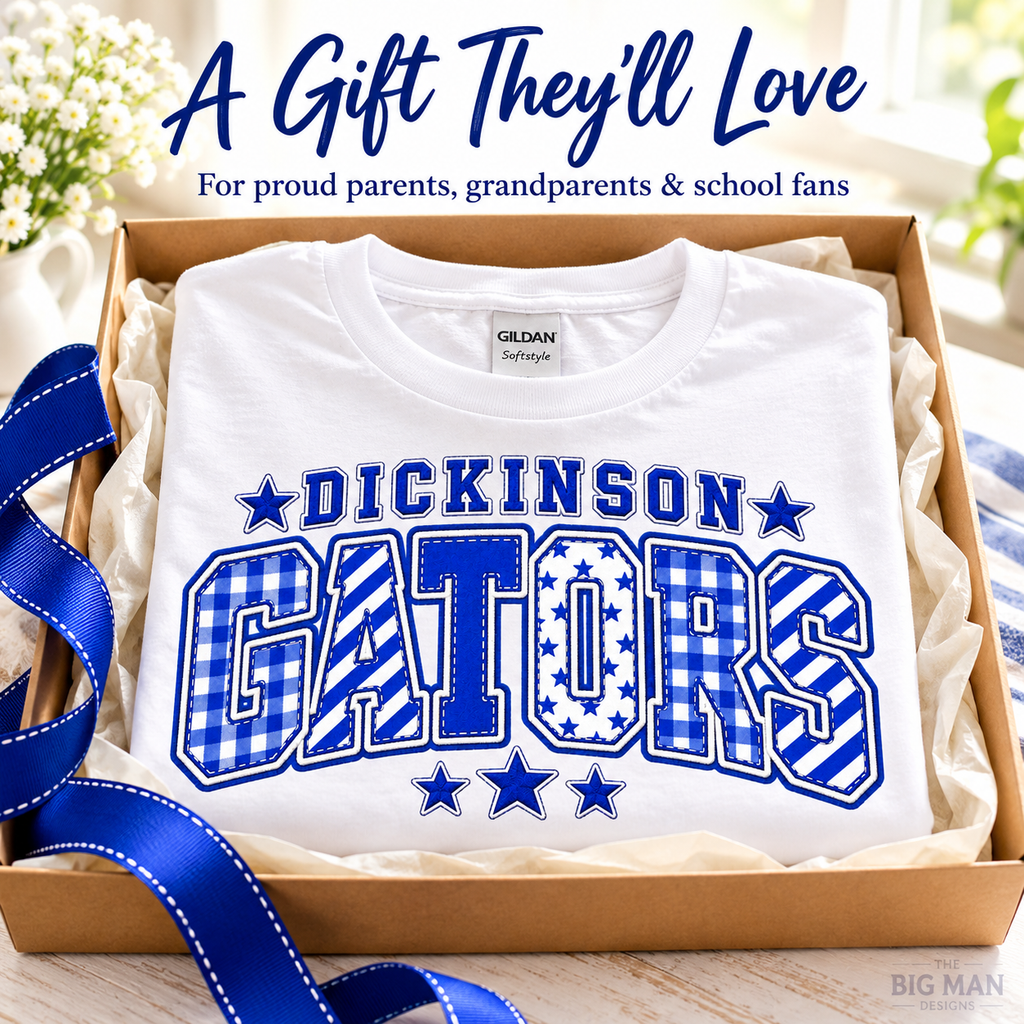 Dickinson Gators patchwork varsity shirt styled as a school spirit gift.