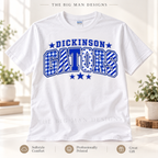 White Gildan Softstyle shirt with Dickinson Gators patchwork varsity lettering, gingham, stripes and stars.
