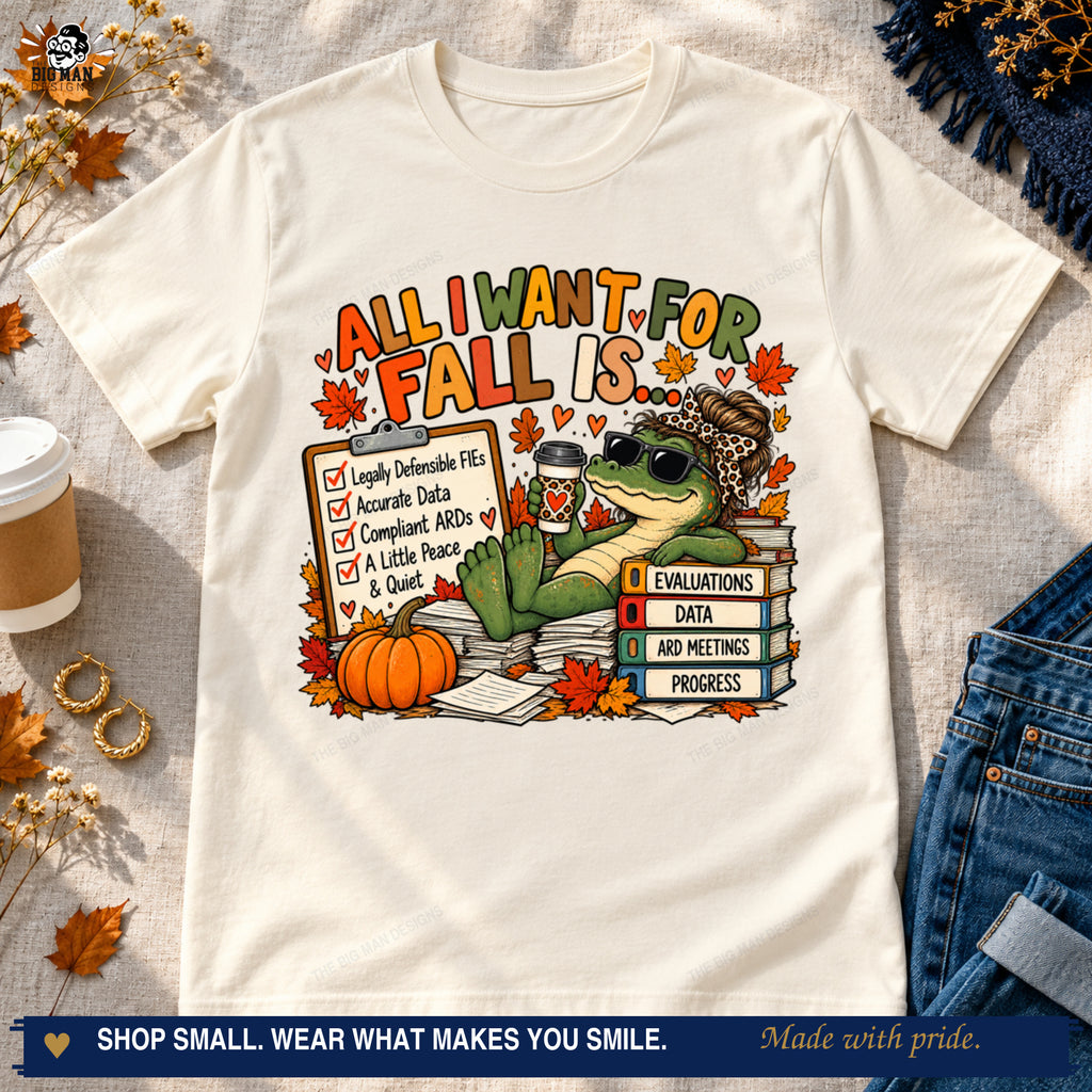 Natural fall special education gator T-shirt styled with jeans, coffee, and autumn leaves.