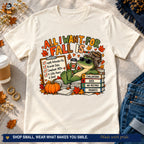 Natural fall special education gator T-shirt styled with jeans, coffee, and autumn leaves.