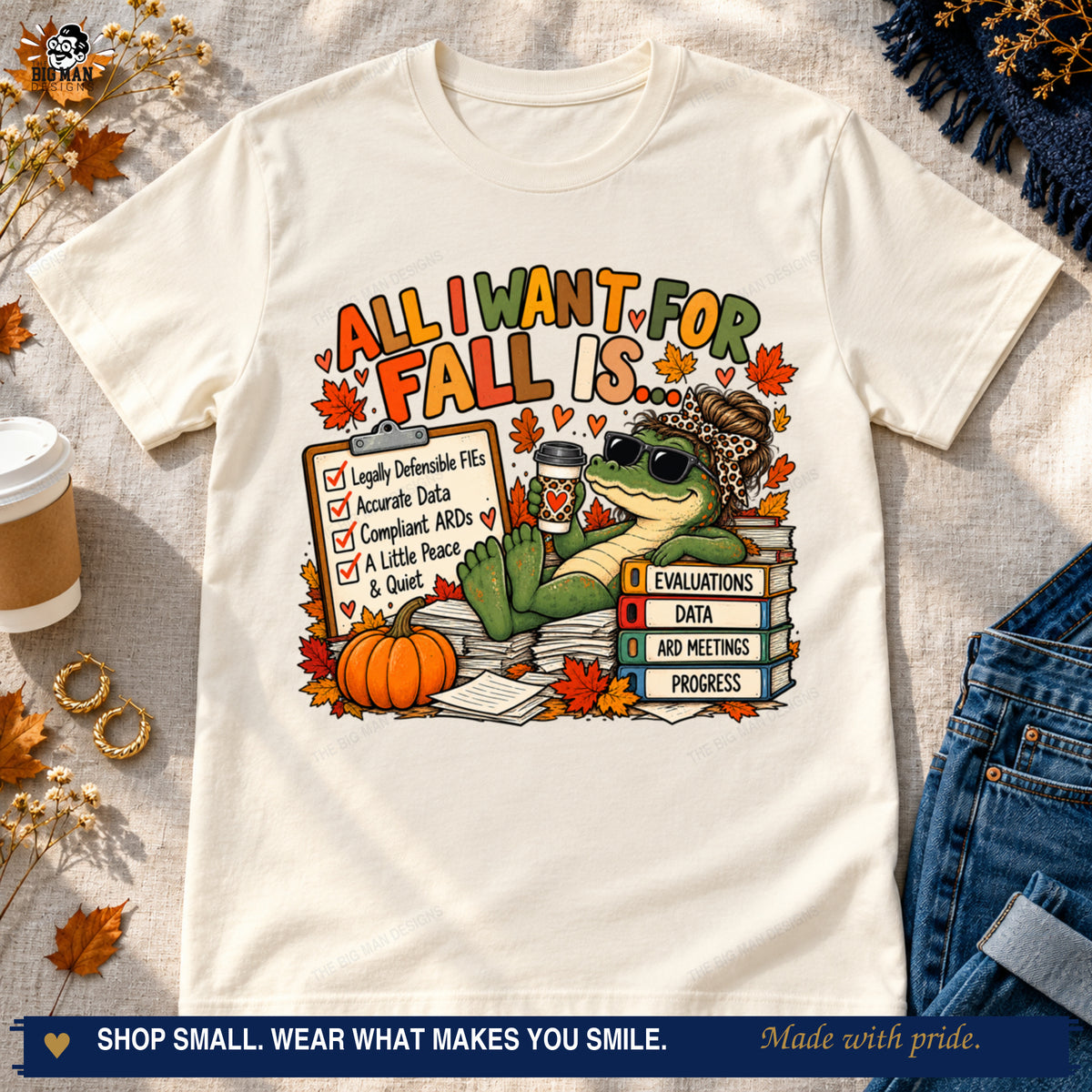 Natural fall special education gator T-shirt styled with jeans, coffee, and autumn leaves.