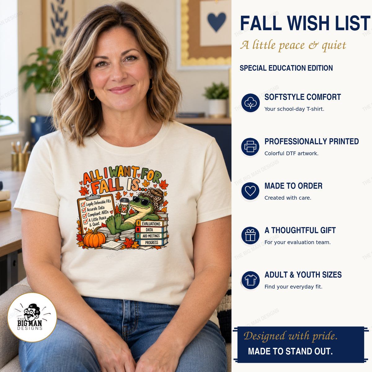 Natural T-shirt with All I Want for Fall special education gator, coffee, pumpkin, and evaluation paperwork artwork.