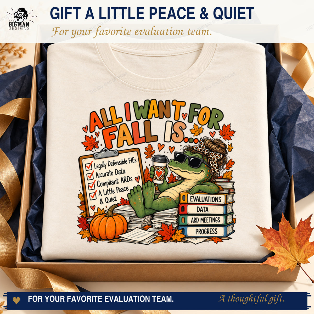 Fall special education gator shirt styled in a navy and gold gift box for school evaluation staff.