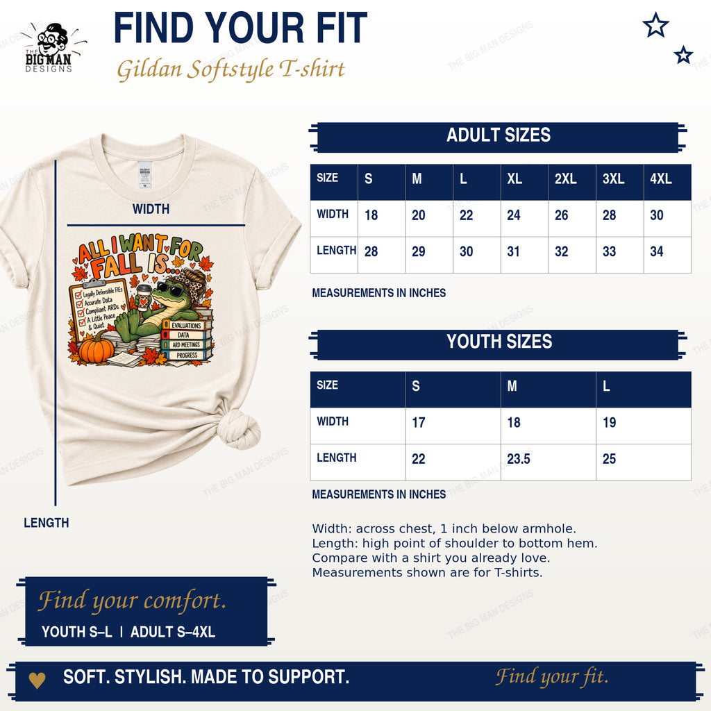 Gildan Softstyle adult and youth T-shirt width and length measurements in inches, alongside the fall special education gator shirt.