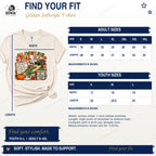 Gildan Softstyle adult and youth T-shirt width and length measurements in inches, alongside the fall special education gator shirt.
