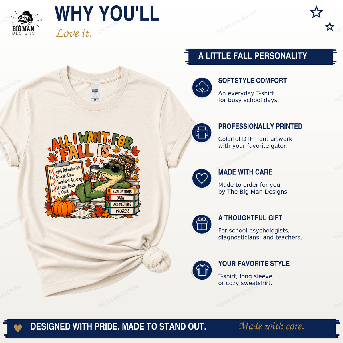 Fall special education shirt benefits including Softstyle comfort, DTF printing, and made-to-order production.