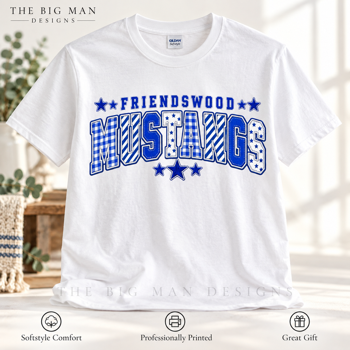 White Gildan Softstyle shirt with Friendswood Mustangs patchwork varsity lettering, gingham, stripes and stars.