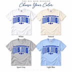 Friendswood Mustangs patchwork varsity shirt mockups in White, Natural, Sport Gray and Light Blue.
