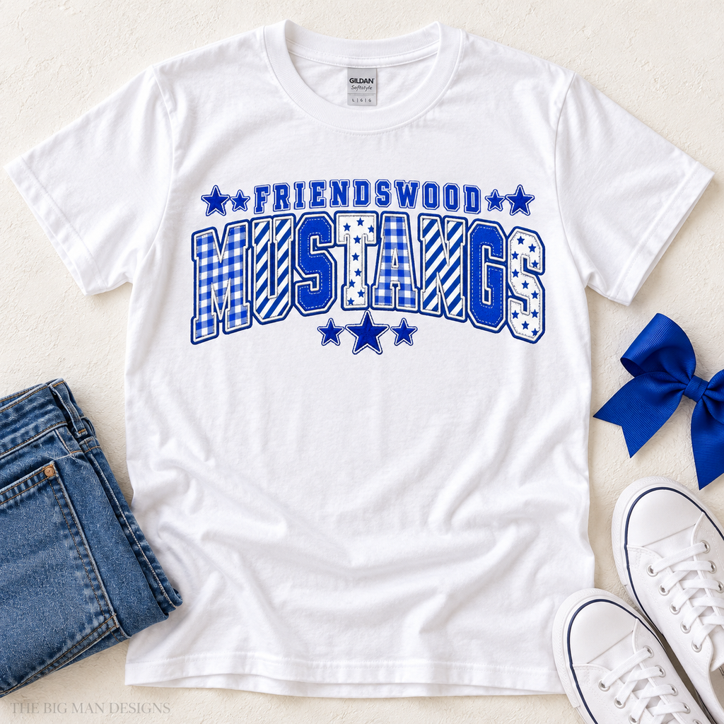 White Friendswood Mustangs patchwork varsity T-shirt styled in a boutique flat lay.