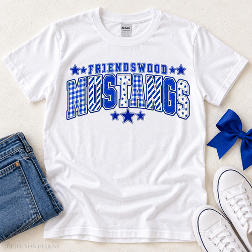 White Friendswood Mustangs patchwork varsity T-shirt styled in a boutique flat lay.