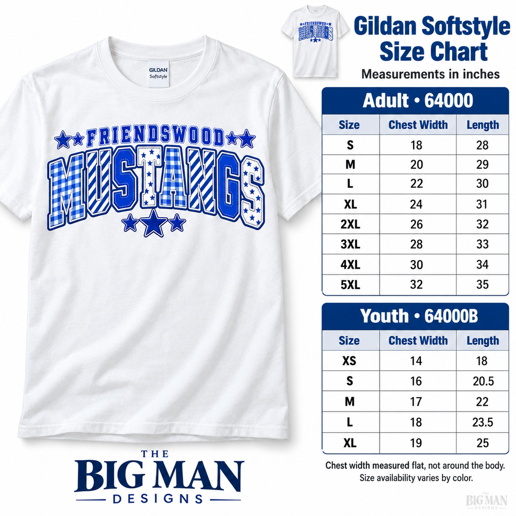 Gildan Softstyle adult and youth shirt size chart with flat chest width and length in inches.