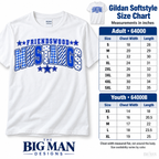 Gildan Softstyle adult and youth shirt size chart with flat chest width and length in inches.