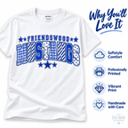 Friendswood Mustangs patchwork varsity spirit shirt with comfort, printing and gift features.