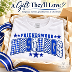 Friendswood Mustangs patchwork varsity shirt styled as a school spirit gift.