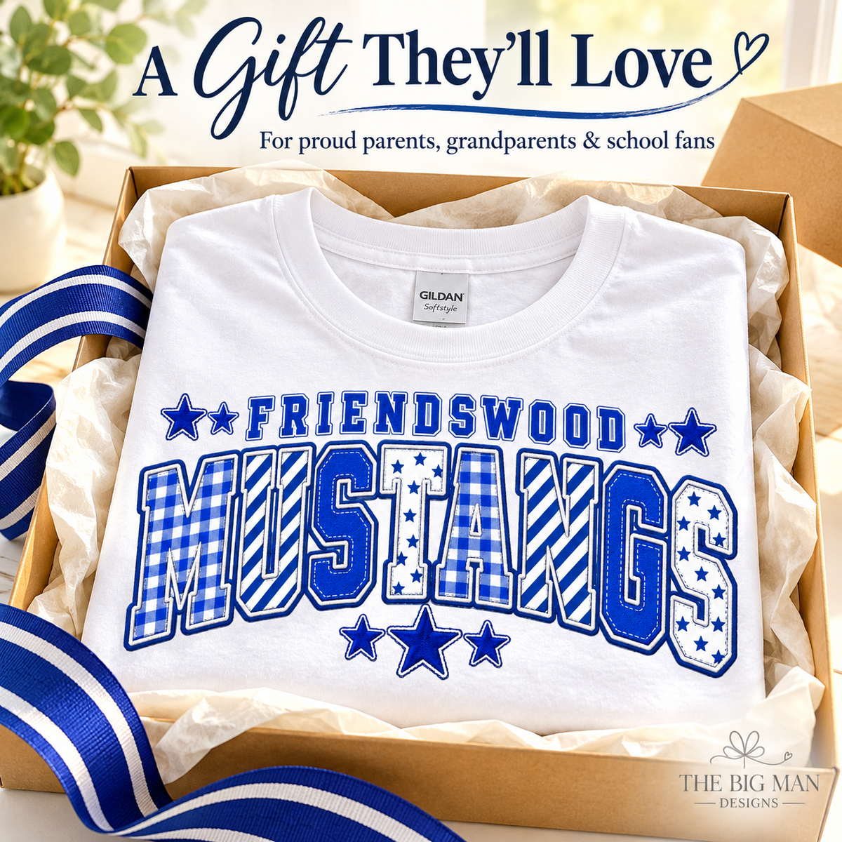 Friendswood Mustangs patchwork varsity shirt styled as a school spirit gift.