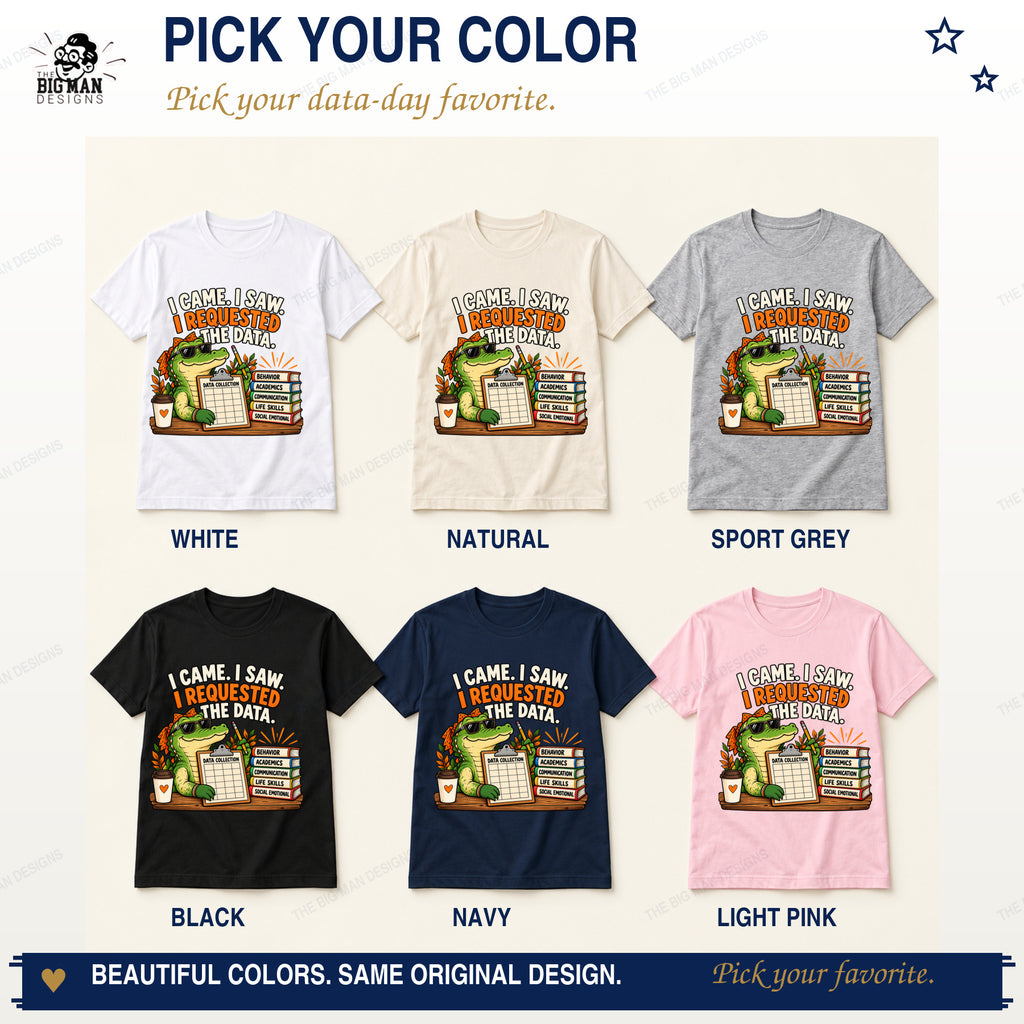 Data collection gator shirt in White, Natural, Sport Grey, Black, Navy, and Light Pink.