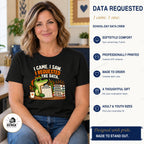 Woman wearing a black I Came I Saw I Requested the Data gator shirt with boutique product benefits.