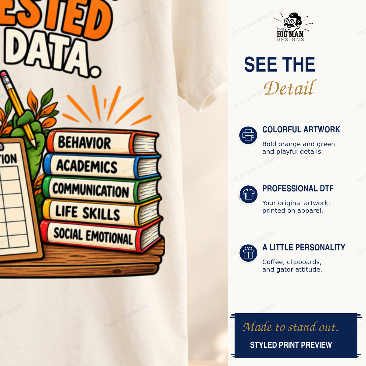 Cropped detail preview of the original data collection gator shirt artwork and colorful books on fabric.