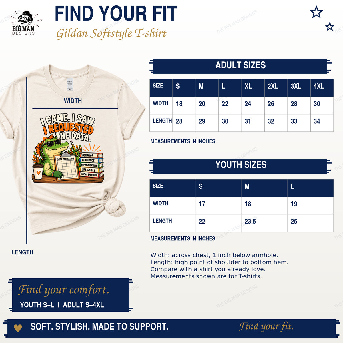 Gildan Softstyle adult and youth T-shirt width and length measurements in inches beside the data gator shirt.