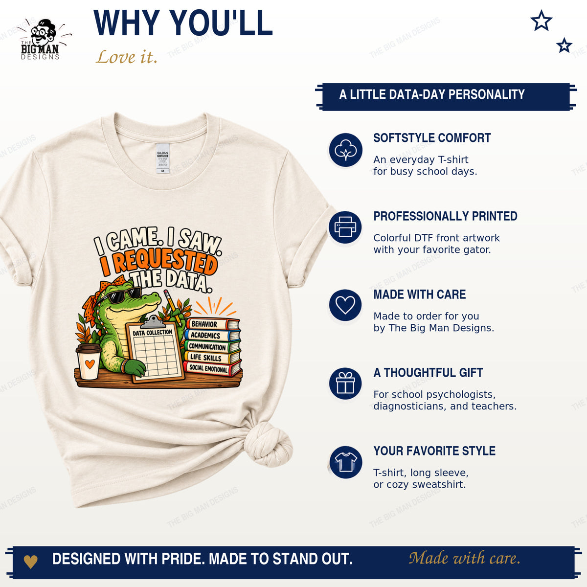 Natural data collection gator shirt with Softstyle comfort, DTF printing, and made-to-order benefits.