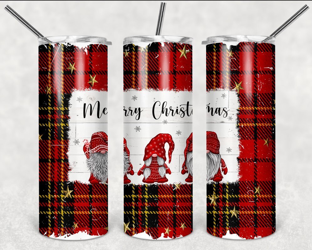Merry Christmas Gnome Buffalo Plaid - Red or Blue- Christmas Personalized 20 oz skinny Tumbler
