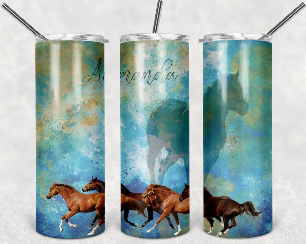 Horse Gold and Aqua Blue Personalized 20 oz skinny Tumbler