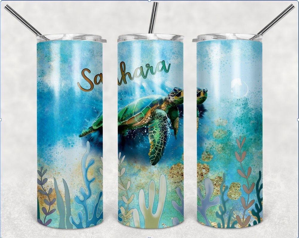 Sea Turtle Aqua Blue and Gold Personalized 20 oz skinny Tumbler