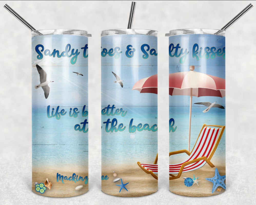 Sandy Toes and Salty Kisses Beach Personalized 20 oz skinny Tumbler