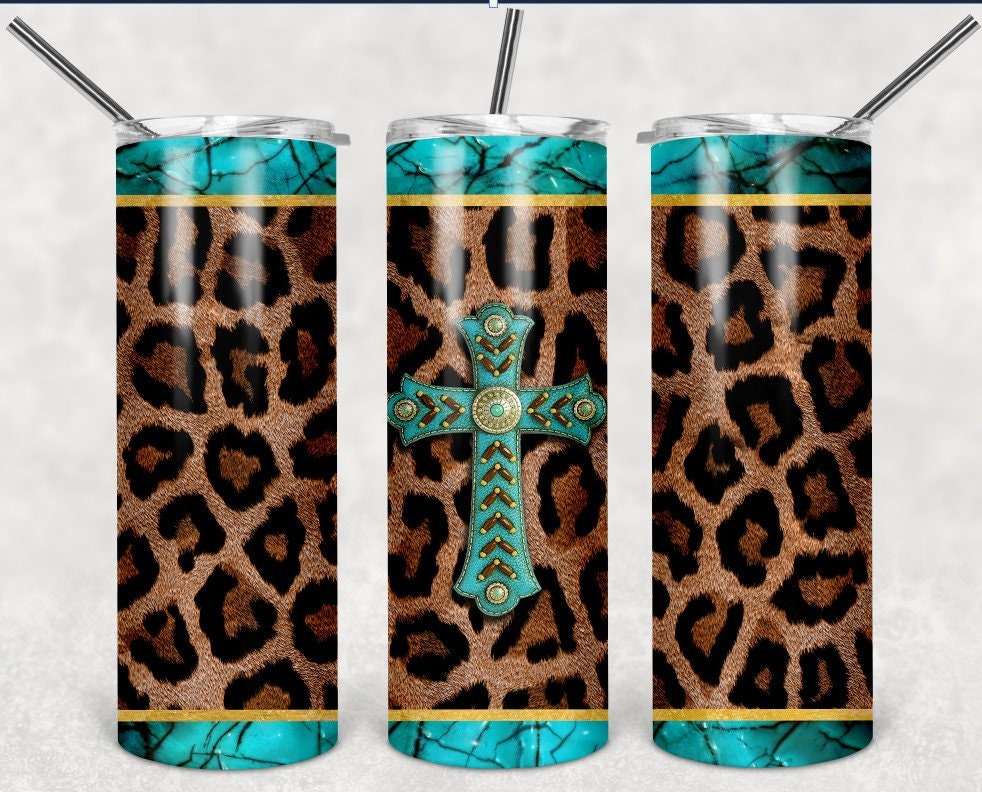 Cheetah animal print and cross Personalized 20 oz skinny Tumbler