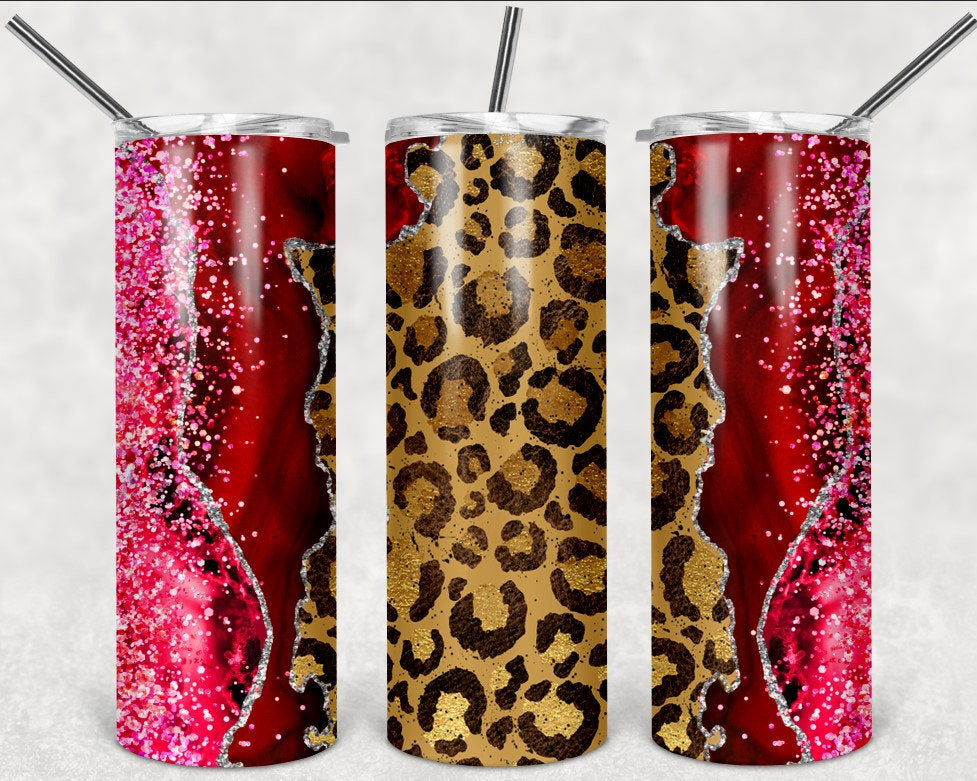 Red and Cheetah Marbled Agate Personalized 20 oz skinny Tumbler