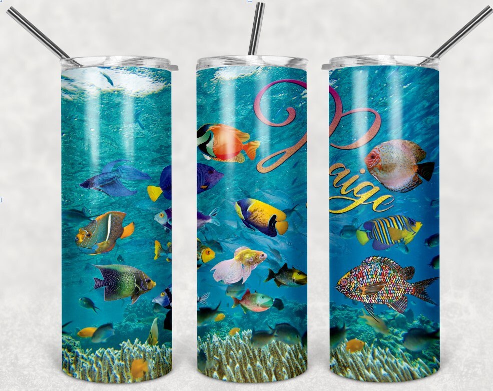 Fish in the Sea Aqua Blue Personalized 20 oz skinny Tumbler