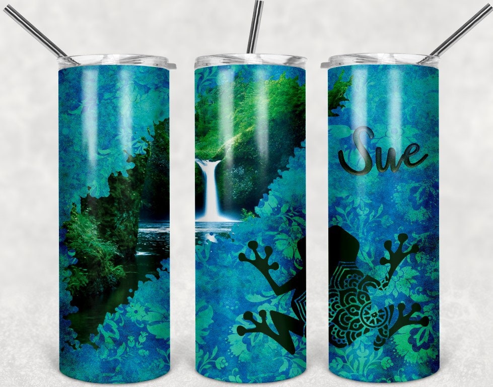Waterfall frog Blue and Green Personalized 20 oz skinny Tumbler