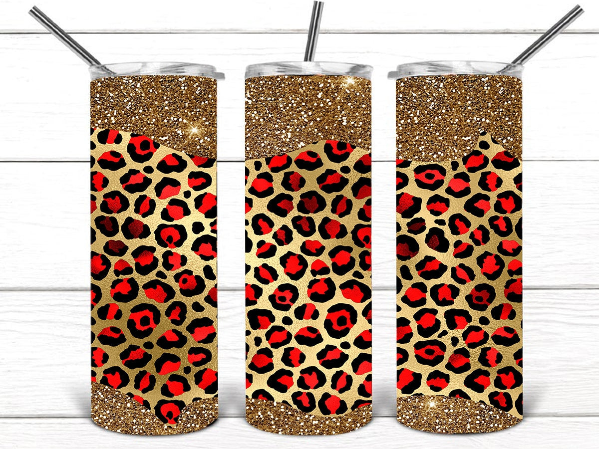 Red and Gold Leopard Animal Print Personalized 20 oz skinny Tumbler