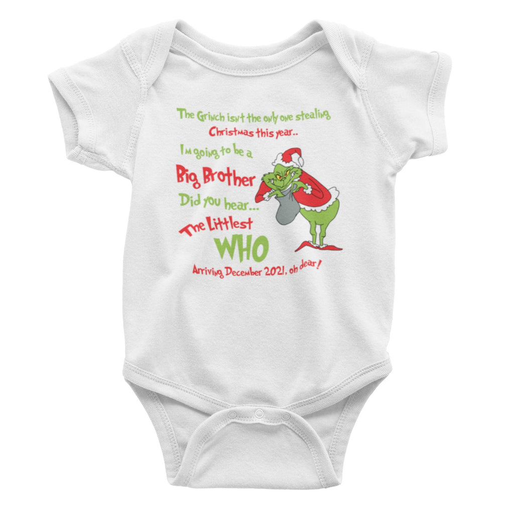 Big Brother Announcement Baby Bodysuit | Grinch-Themed Pregnancy Reveal Onesie 
Surprise the world with a festive and fun pregnancy announcement! This adorable "Going to Be a Big Brother" baby bodysuit features a playful Grinch-inspired design, perfect for holiday-themed pregnancy reveals, family photos, or a special way to share your exciting news!