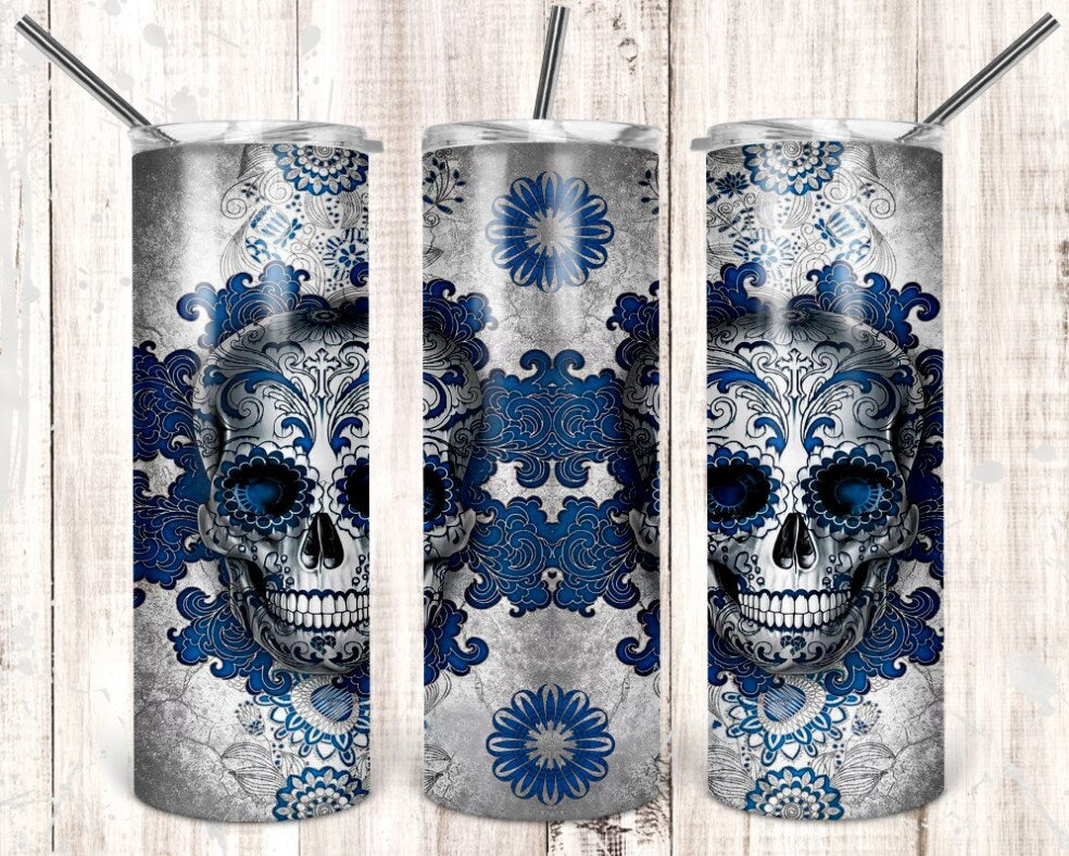 Blue Sugar Skull Personalized 20 oz skinny Tumbler