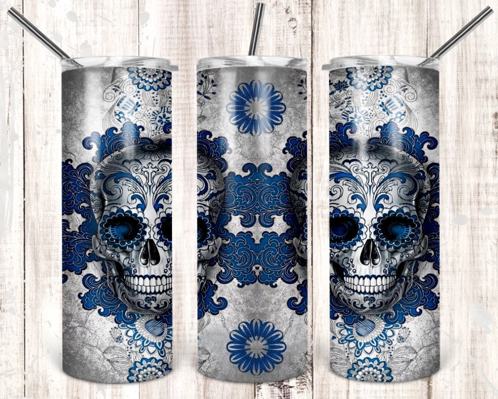Blue Sugar Skull Personalized 20 oz skinny Tumbler