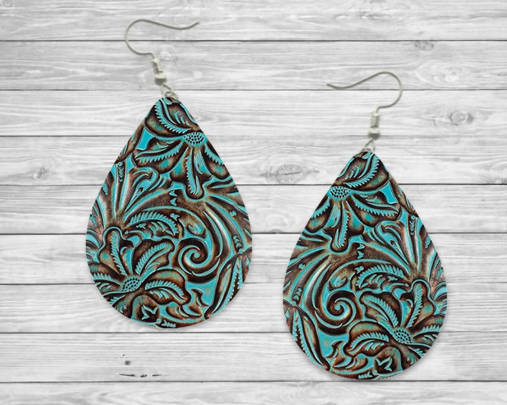 Turquoise and Brown Faux Leather Teardrop Earrings / Teardrop Dangle Earrings / Handmade Jewelry