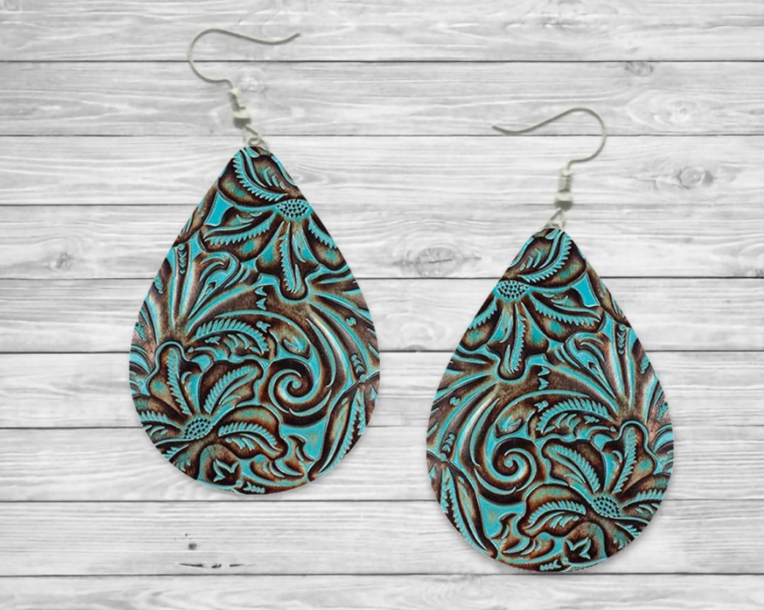 Turquoise and Brown Faux Leather Teardrop Earrings / Teardrop Dangle Earrings / Handmade Jewelry
