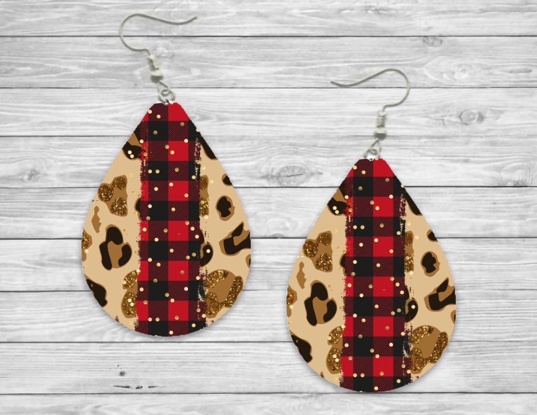 Leopard Red Plaid Teardrop Earrings / Teardrop Dangle Earrings / Handmade Jewelry