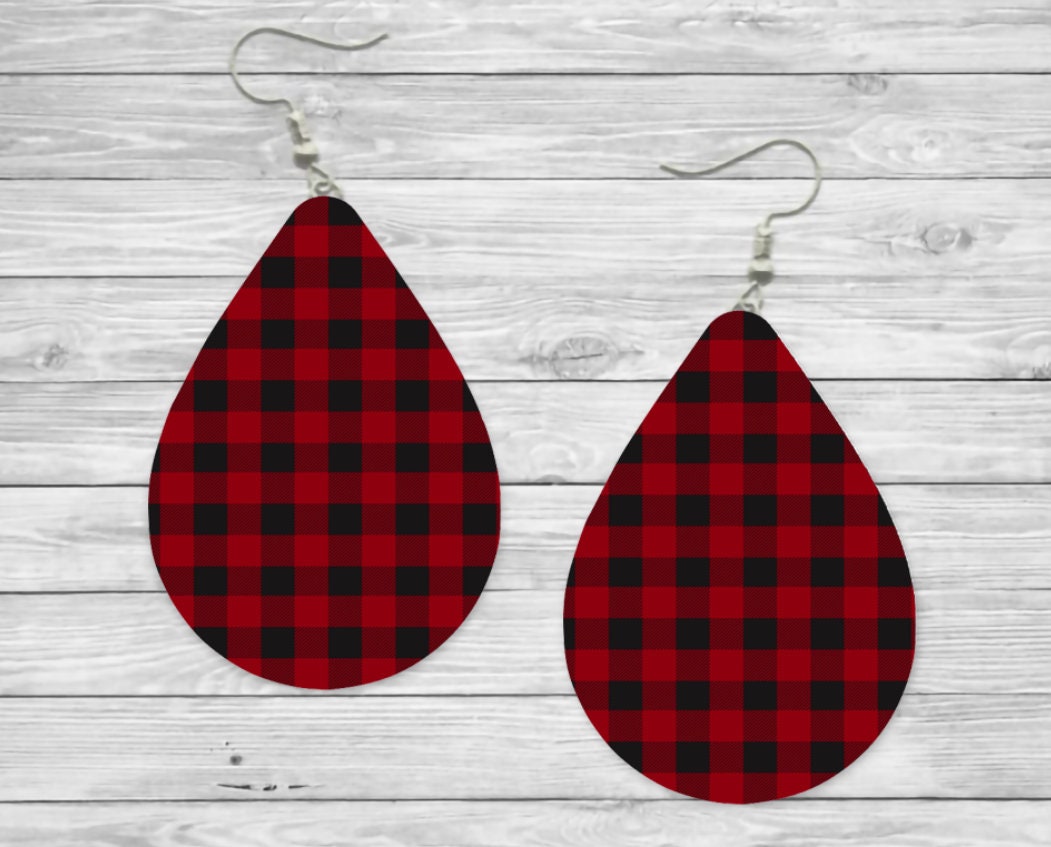 Buffalo Plaid Red Teardrop Earrings / Teardrop Dangle Earrings / Handmade Jewelry