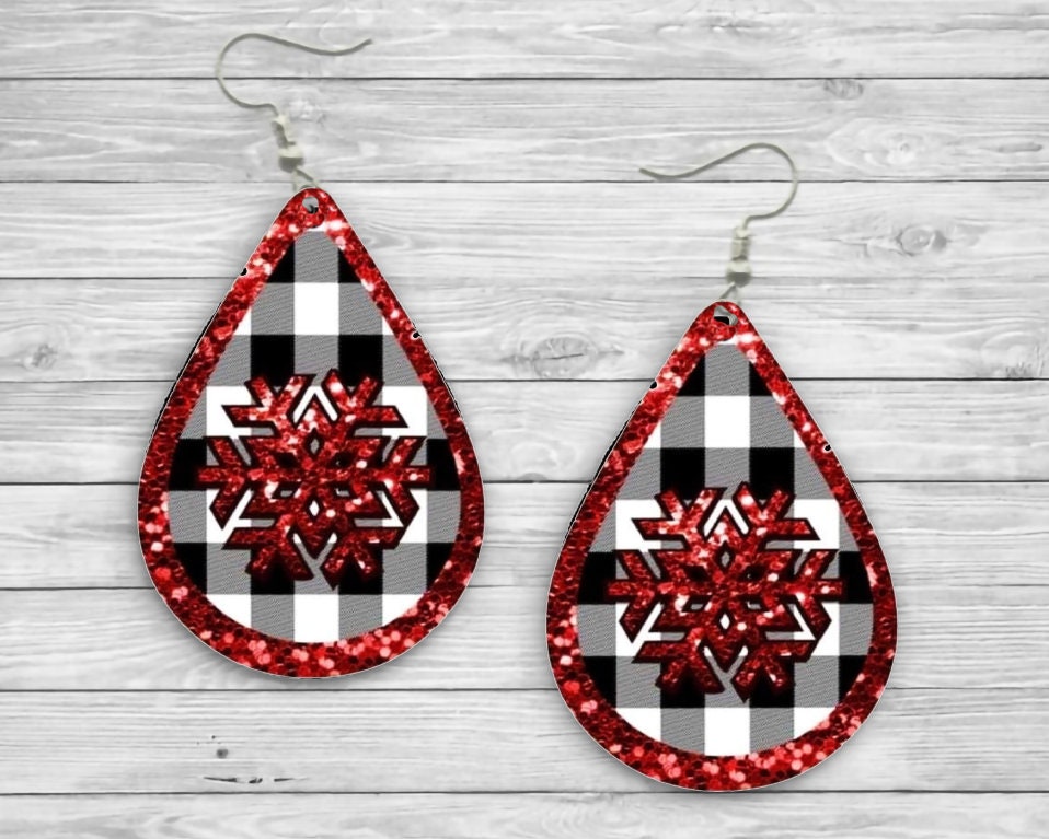 Black and White Plaid Snowflake Christmas Teardrop Earrings / Teardrop Dangle Earrings / Handmade Jewelry