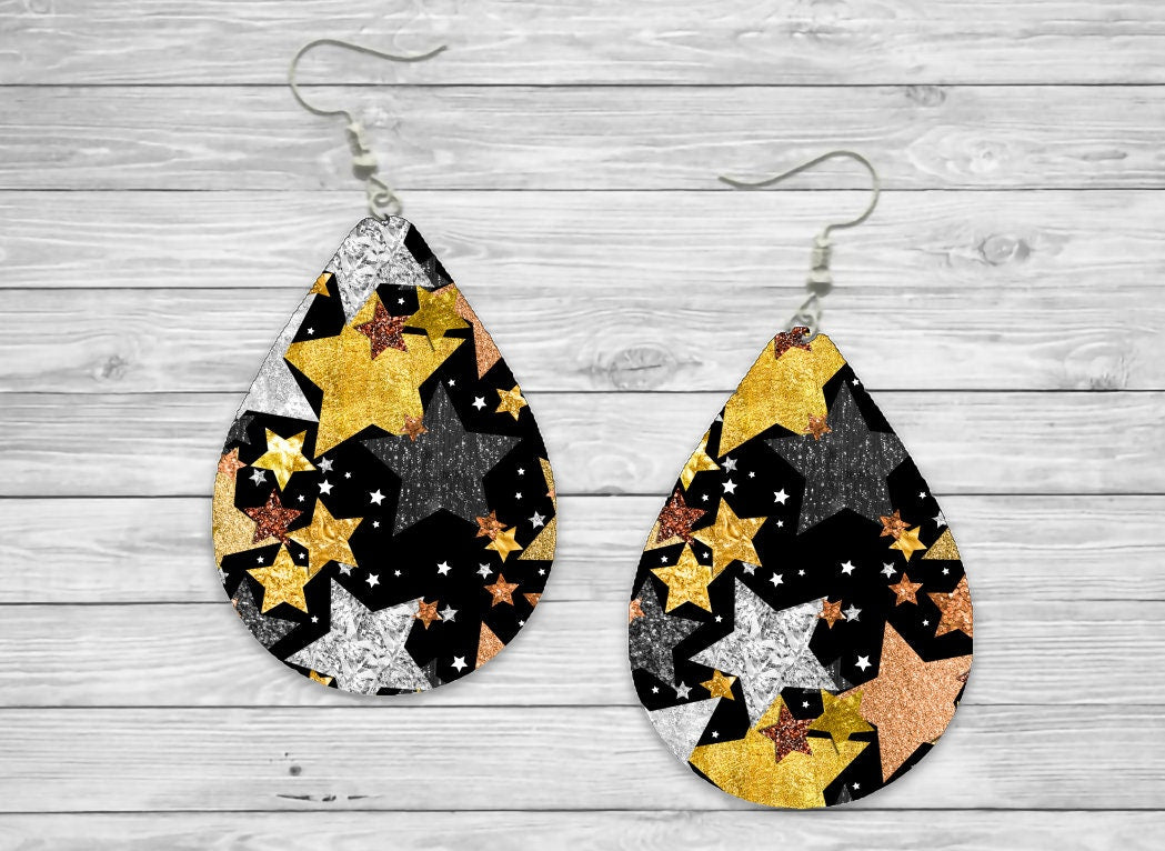 New Years Eve / Stars / Gold Silver Copper Black Teardrop Earrings /Teardrop Dangle Earrings / Handmade Jewelry