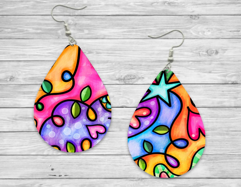 Doodle colorful Teardrop Earrings / Teardrop Dangle Earrings / Jewelry
