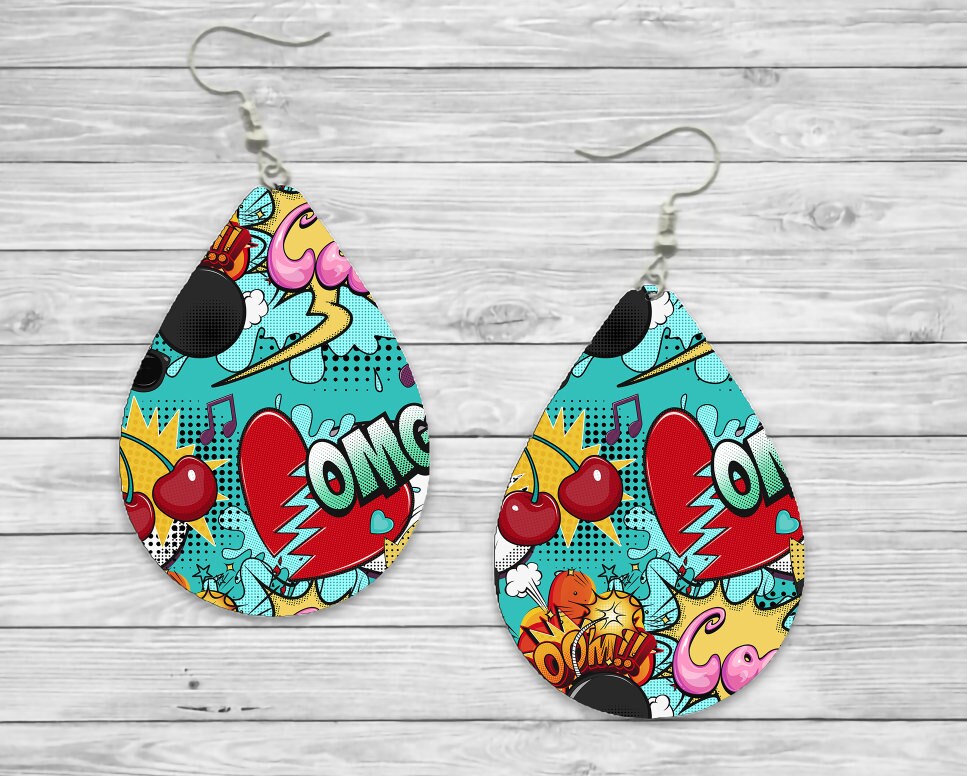 Blue Comic Teardrop Earrings / Teardrop Dangle Earrings / Jewelry
